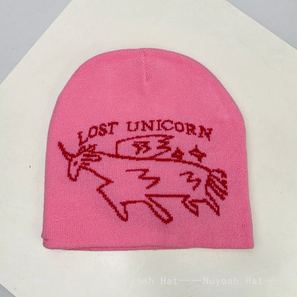 Grauer Einhorn Beanie mit Jacquard-Buchstabenmuster, gestrickt aus Acryl für Damen und Herren, perfekt für den Winter.