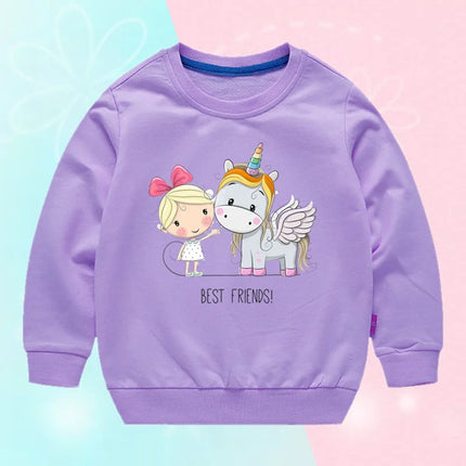 Lila Einhorn Pullover für Mädchen mit Kawaii-Einhorn-Druck aus weichem Baumwoll-Mix, ideal für Frühling und Herbst.