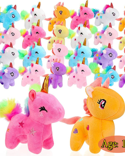 Set aus mehreren kleinen, bunten Plüsch-Einhorn Rucksack-Anhängern in verschiedenen Farben, perfekt als Party-Gastgeschenk