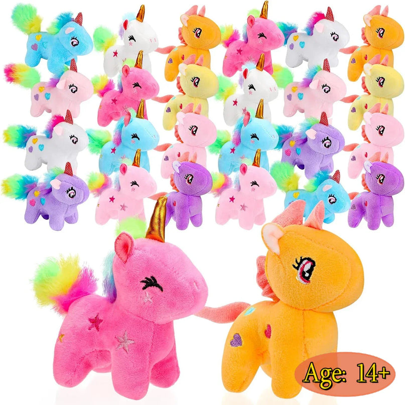 Set aus mehreren kleinen, bunten Plüsch-Einhorn Rucksack-Anhängern in verschiedenen Farben, perfekt als Party-Gastgeschenk