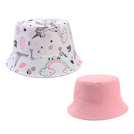 Doppelseitiger Baby-Fischerhut mit süßer Einhorn-Stickerei, in Regenbogen-Unicorn-Farben, für Kinder als Sonnenhut.