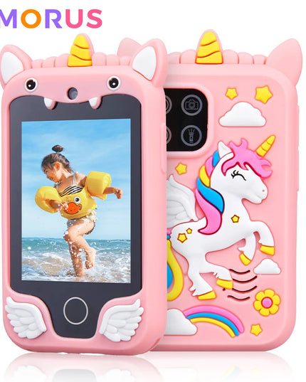 Interaktives Einhorn Handyhülle Spielzeug in Pink mit Touchscreen, Kamera und MP3-Player für Kinder.
