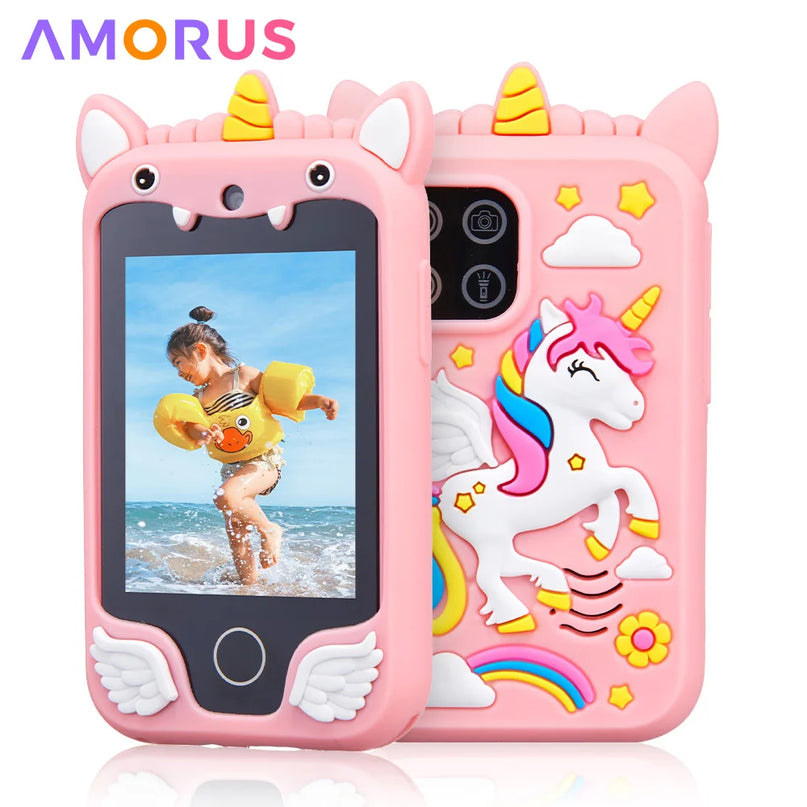 Interaktives Einhorn Handyhülle Spielzeug in Pink mit Touchscreen, Kamera und MP3-Player für Kinder.
