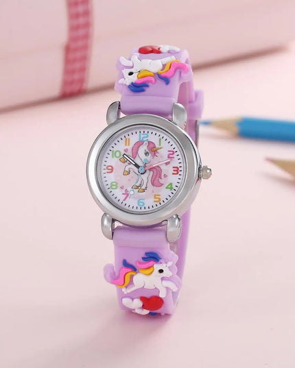 Bunte Einhorn Uhr mit Cartoon-Motiv und lila PU-Lederarmband für Kinder und Studenten
