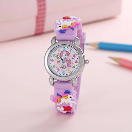 Bunte Einhorn Uhr mit Cartoon-Motiv und lila PU-Lederarmband für Kinder und Studenten