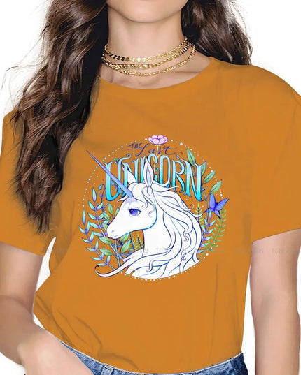 Damen Einhorn T-Shirt in Dunkelgelb mit einem süßen Cartoon-Einhorn-Motiv und kurzen Ärmeln