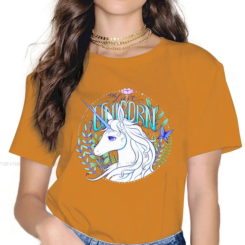 Damen Einhorn T-Shirt in Dunkelgelb mit einem süßen Cartoon-Einhorn-Motiv und kurzen Ärmeln