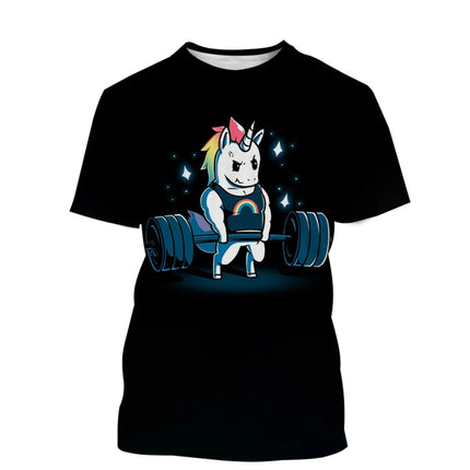 Einhorn Kleid im Streetwear-Stil mit lebendigem 3D-Druck und kurzen Ärmeln, ideal für einen farbenfrohen Sommer.