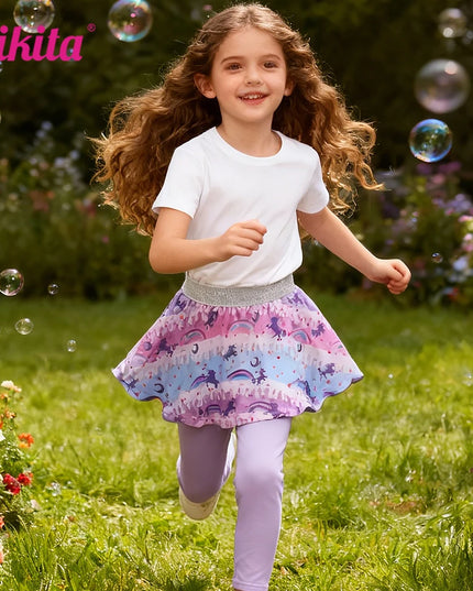 Mädchen in lila Einhorn Leggings mit angenähtem Regenbogen-Einhorn-Rock aus weicher Baumwolle