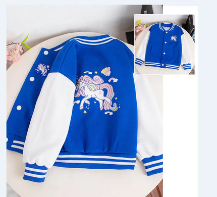 Blaue Cartoon Einhorn Baseball Jacke für Mädchen, sportlicher Stil, mit langen Ärmeln und V-Ausschnitt für Frühling und Herbst