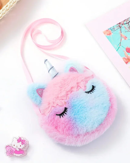 Fröhliche gelbe Einhorn Umhängetasche aus weichem Plüsch mit Reißverschluss, ideal für Kinder und Einhorn-Liebhaber.