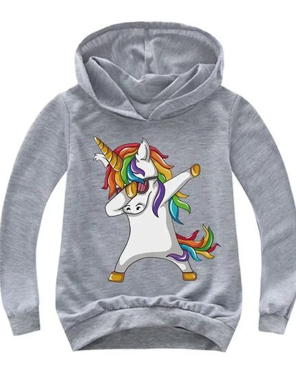 Kind in einem bunten Einhorn Hoodie mit einem Cartoon-Einhorn-Print, geeignet für Jungen und Mädchen von 3 bis 12 Jahren