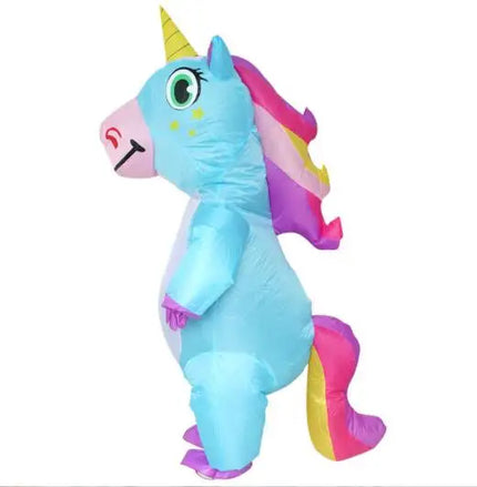 Aufblasbares Einhorn Kostuem in leuchtendem Lila, perfekt für Erwachsene bei Halloween-Partys und Cosplay-Veranstaltungen.