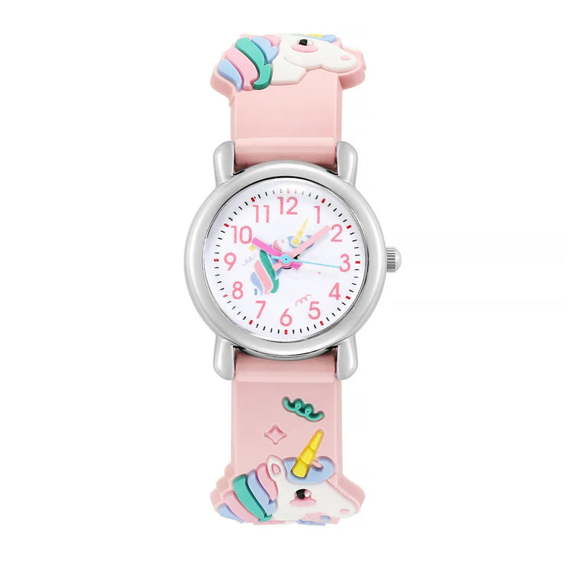 Niedliche Einhorn Uhr mit Cartoon-Muster auf einem rosafarbenen Silikonband, rundes Gehäuse