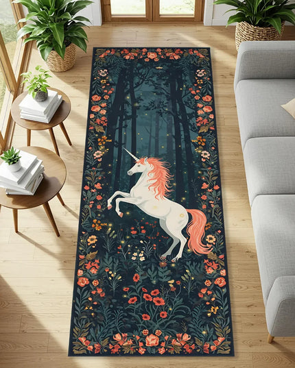 Einhorn Teppich-Läufer mit Zauberwald, Schloss und Sternenhimmel Motiv, aus weichem Flanell und rutschfest