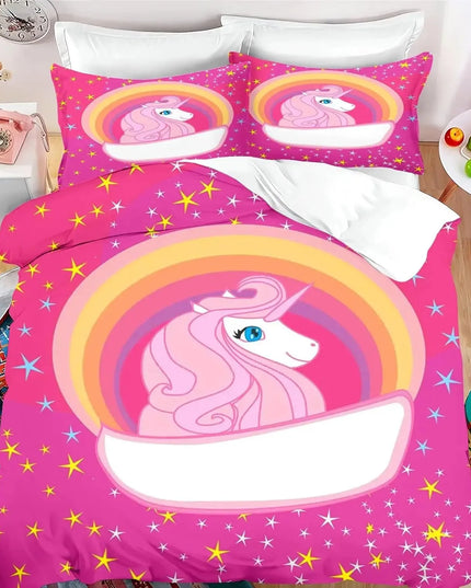 Cartoon Einhorn Bettwäsche-Set mit fröhlichem Einhorn-Motiv und bunten Sternen.
