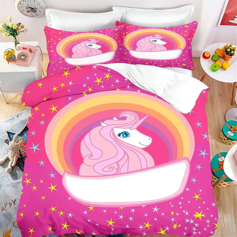 Cartoon Einhorn Bettwäsche-Set mit fröhlichem Einhorn-Motiv und bunten Sternen.