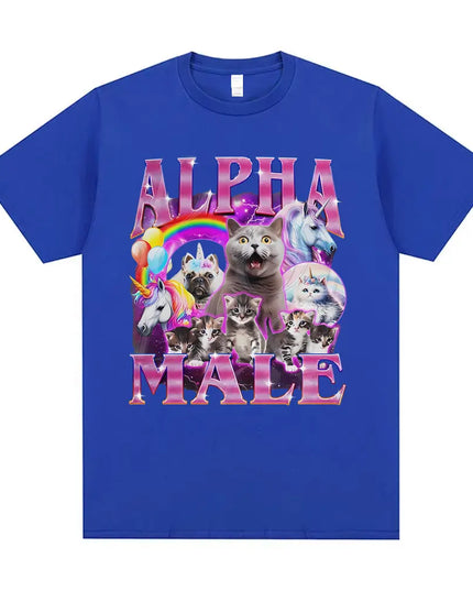 Einhorn T-Shirt in Blau mit Alpha Cat Meme Print für Damen und Herren