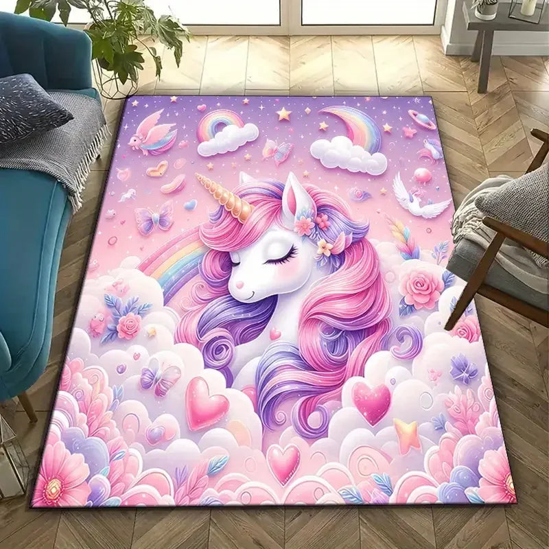 Regenbogen Einhorn Teppich für Mädchenzimmer Deko, Kids Spielmatte, weich und waschbar