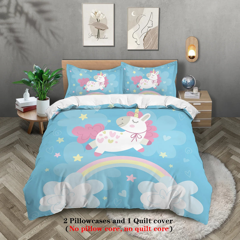 3-teilige Einhorn Bettwäsche mit Cartoon-Einhorn und Regenbogen-Muster, lebendig bedruckt