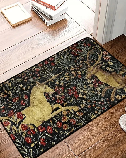 Mittelalterlicher Einhorn Teppich mit Mitternachts-Blumenmuster, rutschfest, waschbar für Wohnzimmer und Schlafzimmer