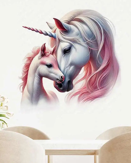 Liebevolles Einhorn Wandtattoo mit Mutter und Baby-Einhorn für Kinderzimmer und Schlafzimmer
