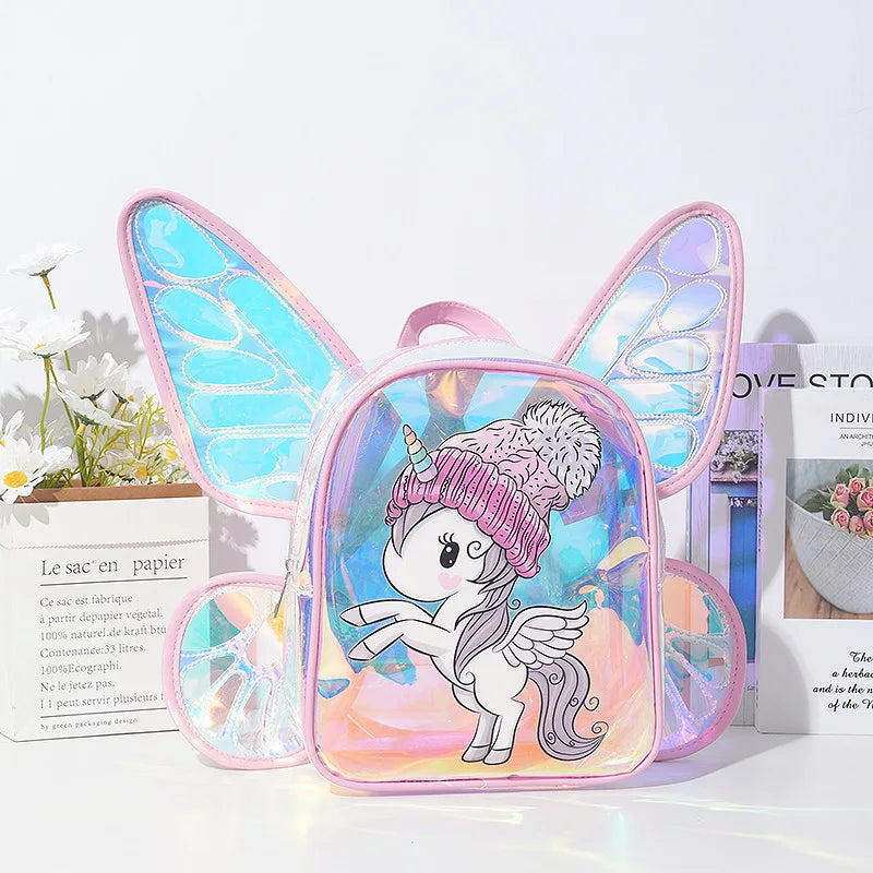 Einhorn Rucksack mit transparenten Schmetterlingsflügeln und Glitzer-Effekt aus TPU-Material, ideal für Mädchen