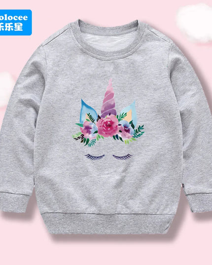 Grauer Einhorn Hoodie für Mädchen mit Cartoon-Einhorn-Print, Rundhalsausschnitt, aus Baumwoll-Polyester-Mix