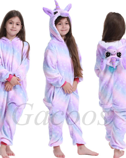 Kind im lilafarbenen Einhorn Decke Kigurumi Overall, aus weichem Flannel, mit Kapuze und Einhorn-Horn