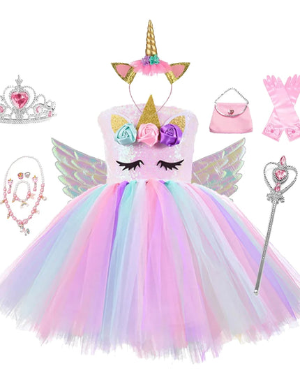 Mädchen trägt ein weißes Riesen Einhorn Tutu Kleid mit bunten Blumen und Tüllrock