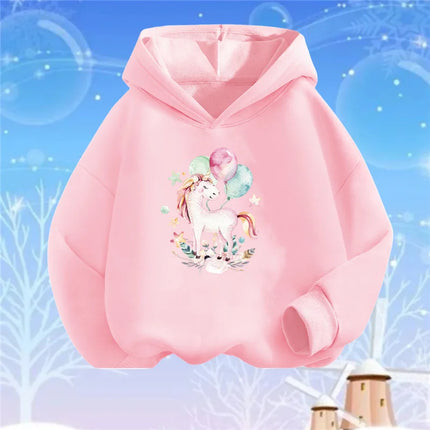 Pinke Einhorn Jacke für Kinder mit einem großen Cartoon-Einhorn-Motiv auf der Vorderseite, weicher Strick für den Herbst.