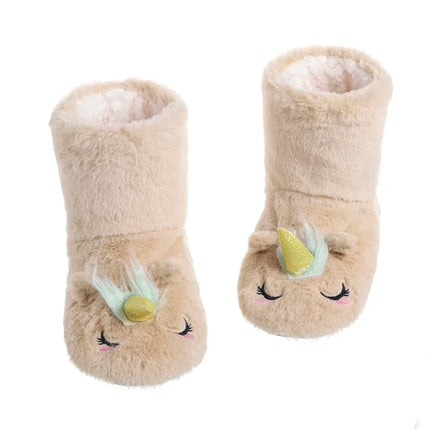 Lila, flauschige Einhorn Socken für Damen mit süßem Einhorn-Design und goldenem Horn