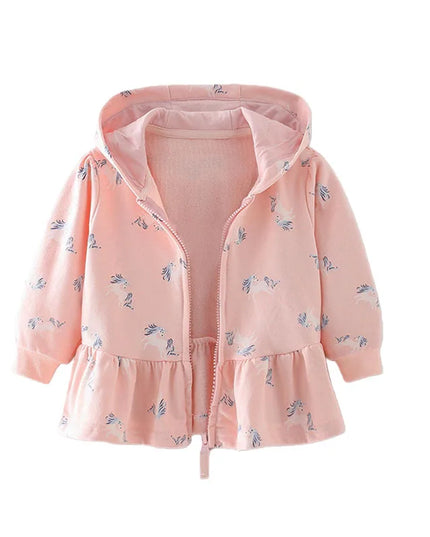 Einhorn Jacke mit Kapuze für Mädchen, bedruckt mit einem farbenfrohen Einhorn-Motiv und Reißverschluss.