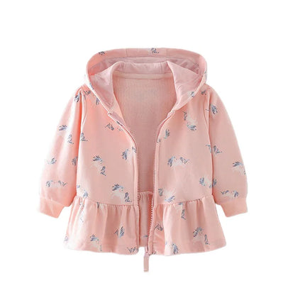 Einhorn Jacke mit Kapuze für Mädchen, bedruckt mit einem farbenfrohen Einhorn-Motiv und Reißverschluss.