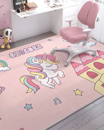 Mädchenhafter pinker Einhorn Teppich mit Cartoon-Muster und "Happy Text" für Kinderzimmer