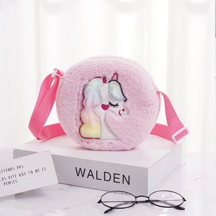 Elegante weiße Einhorn Umhängetasche aus weichem Plüsch mit sicherem Reißverschluss und langem Schultergurt.