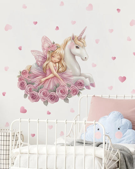 Niedliches Mädchen Einhorn Wandtattoo mit rosa Herzen für Kinderzimmer und Babyzimmer aus PVC