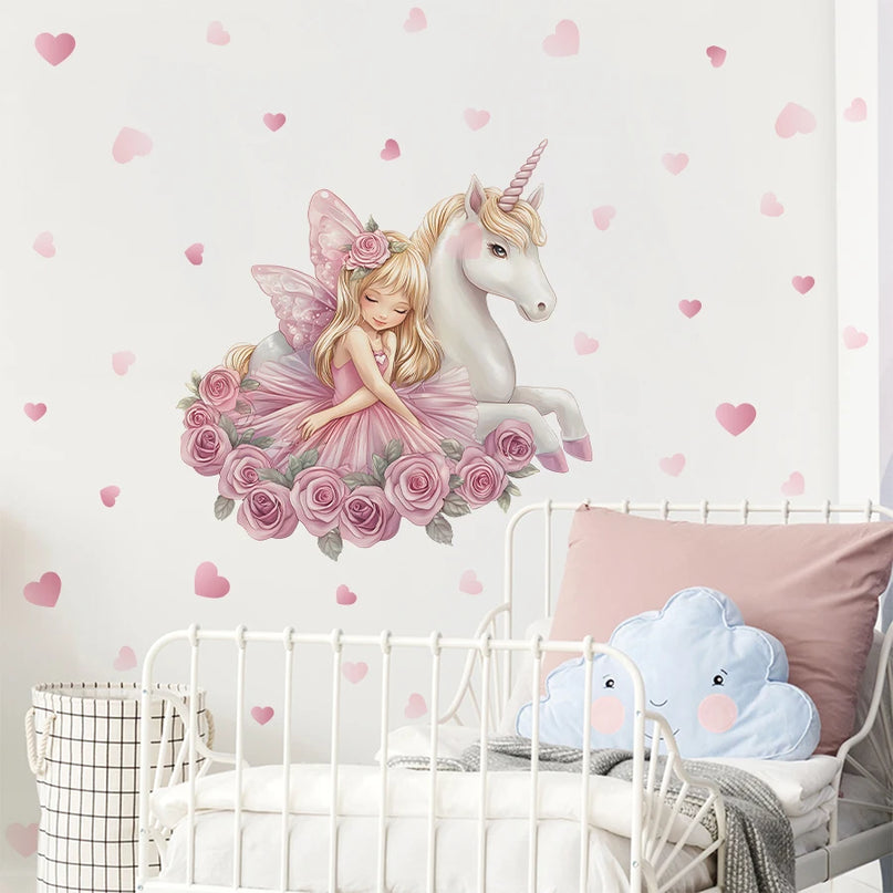 Niedliches Mädchen Einhorn Wandtattoo mit rosa Herzen für Kinderzimmer und Babyzimmer aus PVC