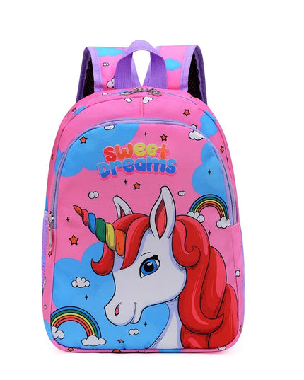 Pinker Einhorn Rucksack aus Nylon, ideal für Kindergarten und Grundschule, mit den Maßen 32x26x14cm.
