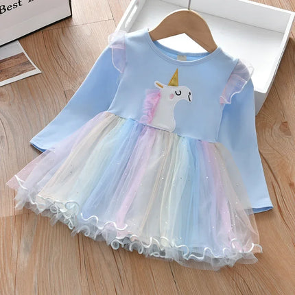 Blaues langärmeliges Einhorn Kleid mit Applikationen und Mesh-Rock für Mädchen, festlicher Stil