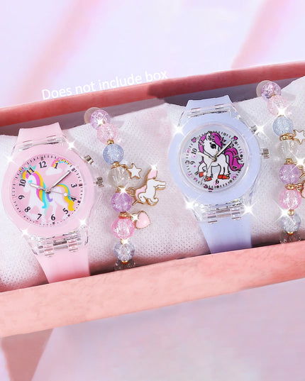 Leuchtendes Einhorn Armband Uhr Set mit weichem Silikonarmband und Einhorn-Motiv als Kindergeschenk