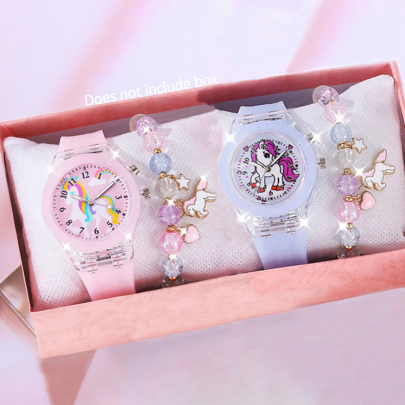 Leuchtendes Einhorn Armband Uhr Set mit weichem Silikonarmband und Einhorn-Motiv als Kindergeschenk