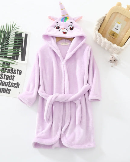 Blauer, flauschiger Einhorn Pyjama Bademantel für Kinder mit Kapuze und Cartoon-Einhorn-Motiv, aus Korallenfleece