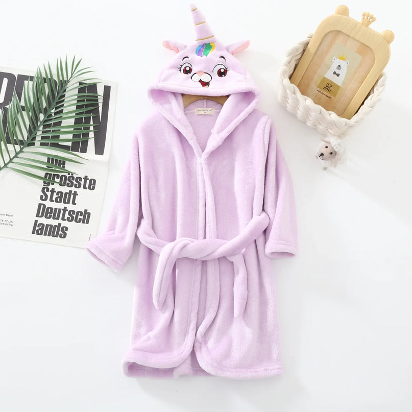 Blauer, flauschiger Einhorn Pyjama Bademantel für Kinder mit Kapuze und Cartoon-Einhorn-Motiv, aus Korallenfleece