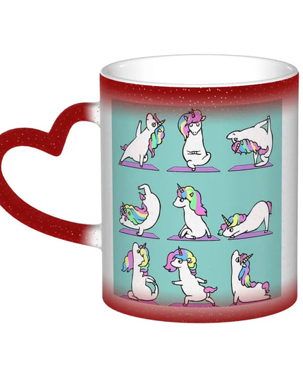 Rote Einhorn Tasse mit einem Einhorn, das Yoga macht, als Motiv