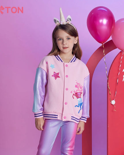 Warme Einhorn Jacke für Kinder mit glitzernden Pailletten und Cartoon-Einhorn-Motiv, in elegantem Grau für den Winter