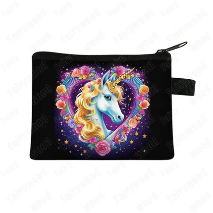 Farbenfrohe Einhorn Geldbörse mit fantasievollem Print und Reißverschluss, ideal für Kleingeld und kleine Gegenstände.