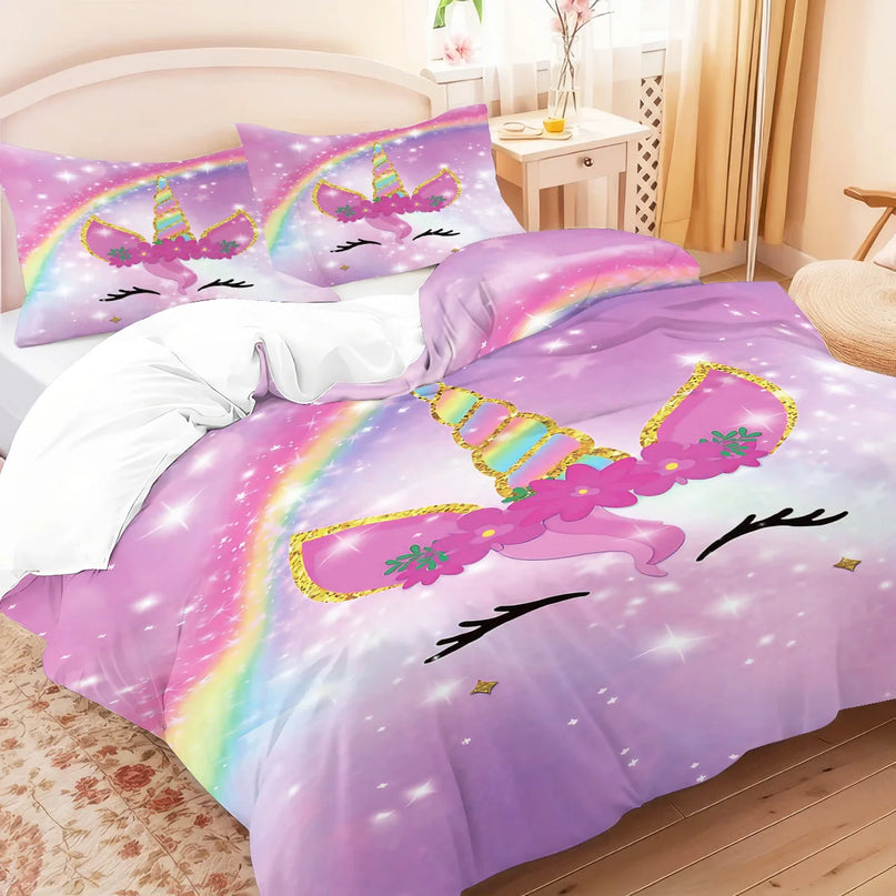 3-teilige Einhorn Bettwäsche mit Regenbogen-Einhörnern, weich und farbenfroh bedruckt