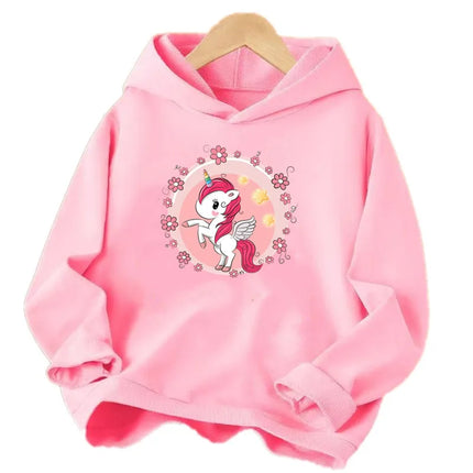 Pinker Einhorn Hoodie für Mädchen mit einem niedlichen Cartoon-Einhorn-Design auf der Brust
