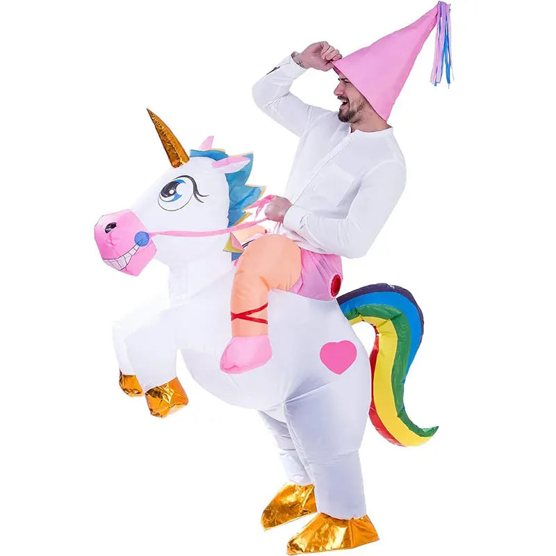 Aufblasbares Einhorn Kostuem im Reit-Stil für Erwachsene, bereit für lustige Abenteuer und Partys
